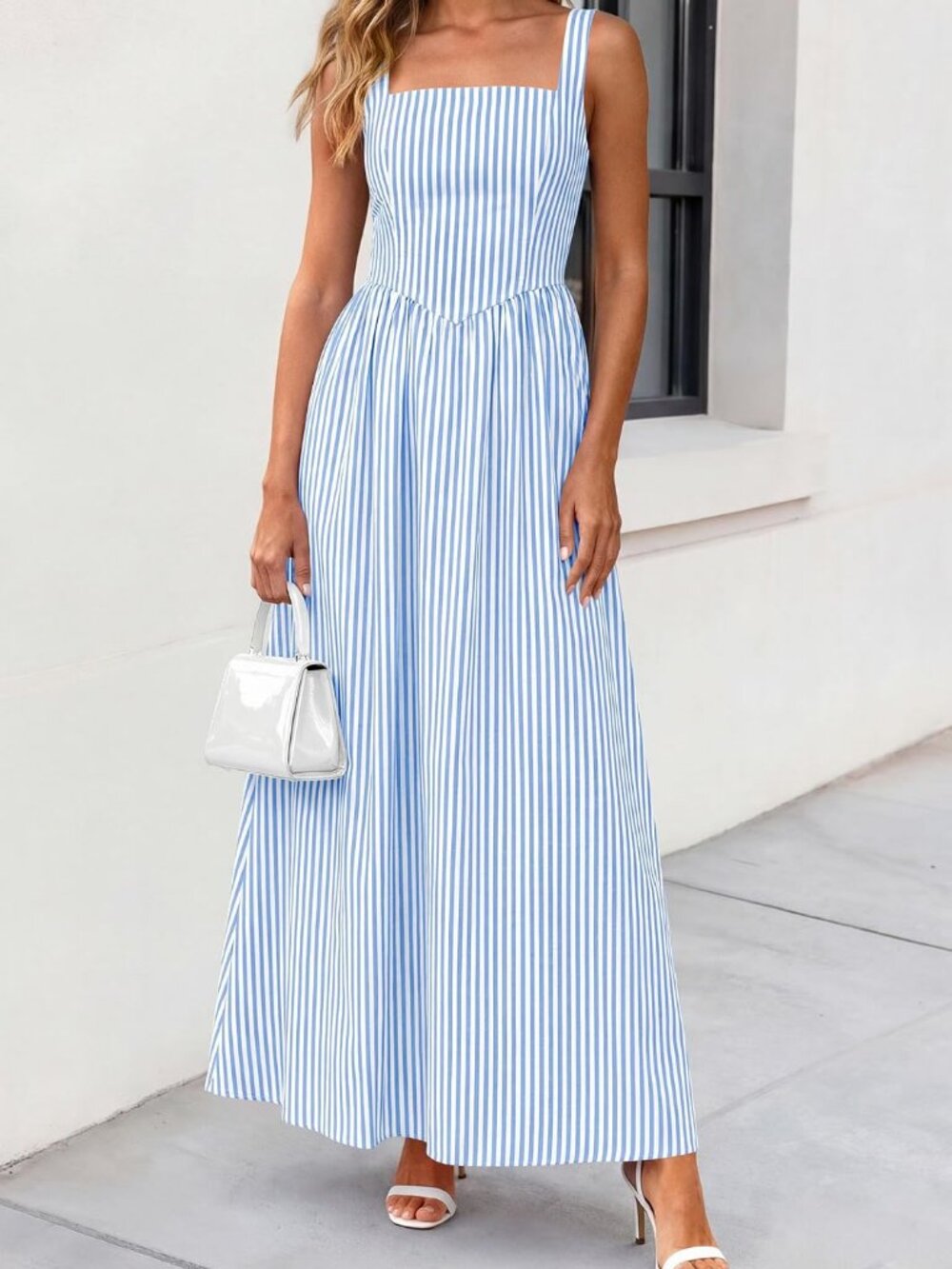 PRETTYGARDEN Blue Striped Maxi Dress M - Picture 6 of 10